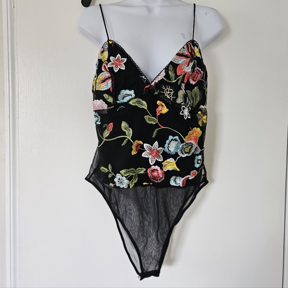 Topshop Bodysuit 10 Babydoll Y2K Mesh Sheer Embroidered Coquette Festival Fairy